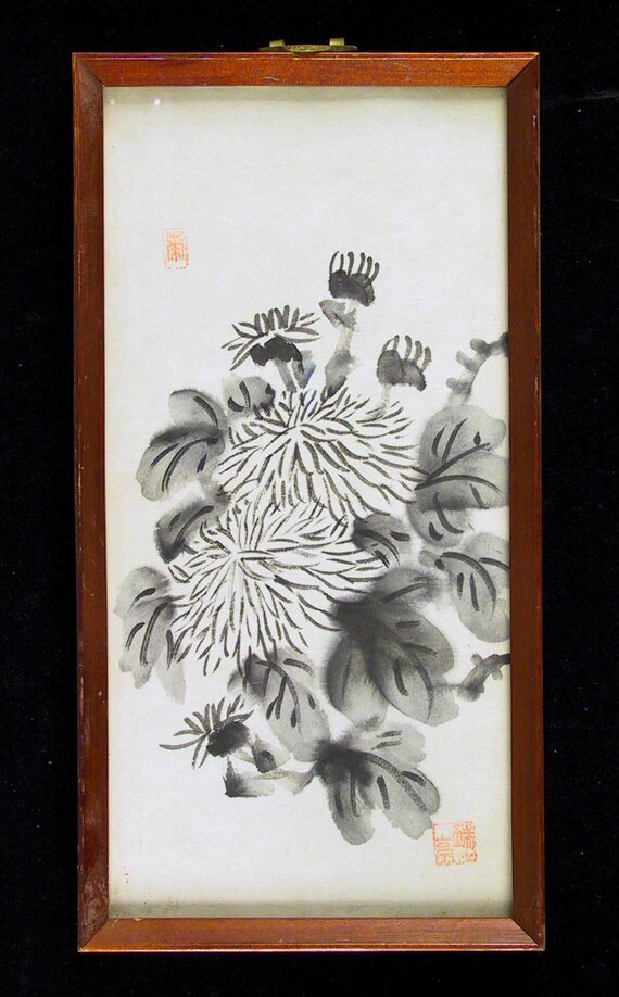 ヴィンテージ中国水墨画花、紙に描かれたオリジナル額入りアートワーク