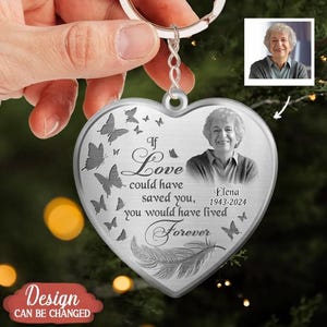 May include: Heart-shaped silver keychain with a photo of a woman and the text "If Love could have saved you, you would have lived Forever." Butterflies and a feather are also featured. The design can be changed.