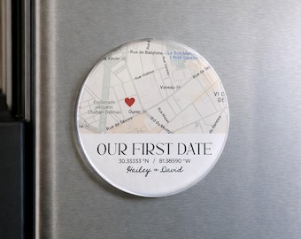Personalized Our First Date Map Acrylic Fridge Magnet, Custom Coordinates Magnet, City Map Anniversary Gift, Wedding Map Favor Magnet,