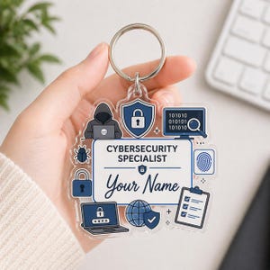 May include: A clear acrylic keychain with a silver keyring. The keychain features a design with cybersecurity-themed icons, including a laptop, lock, and a hacker. The text "CYBERSECURITY SPECIALIST" and "Your Name" are also displayed.