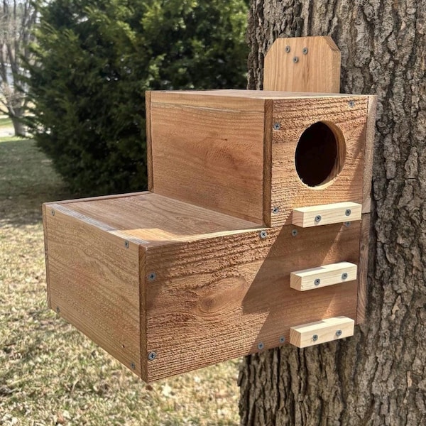 Large Cedar Squirrel House with PREDITOR GUARD - for garden/backyard/wildlife - Premium grade -  drainage holes - 3inch access hole - solid
