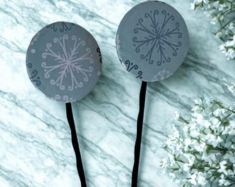 Blue Circle Hair Pins (Bobby Pins) with Snowflakes