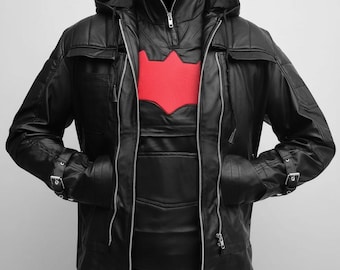 Handgefertigte rote Kapuze Kunstleder Jacke | Arkham Knight inspiriert