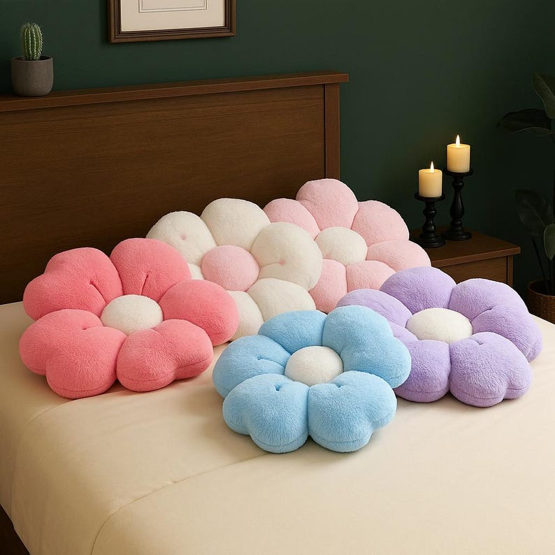 May include: A collection of plush flower-shaped cushions in various colors, including pink, light blue, and purple. Each cushion has a white center and petal-like sections. The cushions are arranged on a bed.