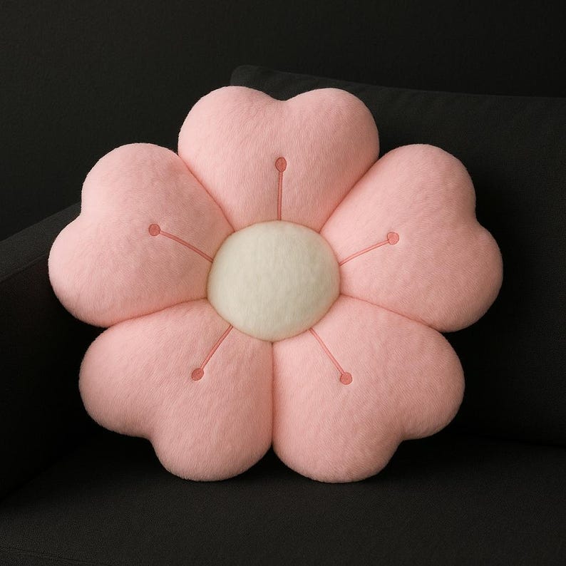 May include: A plush, pink flower-shaped pillow with a cream-colored center. The pillow has five heart-shaped petals and delicate pink stitching details. The pillow is resting on a black surface.
