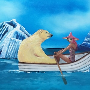 May include: A woman in a pink hat and swimsuit rows a small white boat with a polar bear. The boat is in a blue ocean with two large icebergs in the background. A yellow sun is in the sky.