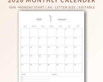 2026 Monthly Calendar Printable | To-Do Planner (PDF)
