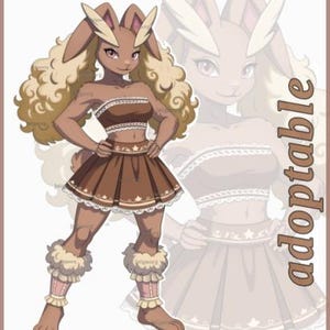 Op de afbeelding: Een digitale illustratie van een antropomorf konijnfiguur met bruine vacht en lange oren, gekleed in een bruine bandeau-top, een geplooide rok met sterren en beenwarmers. Het woord adoptable staat verticaal in bruine letters.