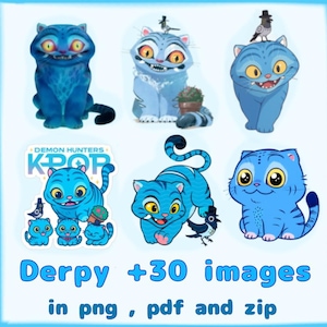 Peut inclure: Six illustrations de chats de dessins animés bleus, chacun avec des expressions et des détails uniques. Le texte de l'image indique "Demon Hunters KPOP" et "Derpy +30 images in png, pdf and zip."
