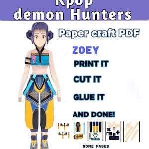 Puede incluir: Un PDF de manualidades en papel titulado "Kpop demon Hunters" con un personaje llamado Zoey. La imagen muestra una muñeca de papel colorida y estilizada con ropa azul, amarilla y negra. Las instrucciones incluyen "¡Imprímelo, Córtalo, Pégalo y Listo!"
