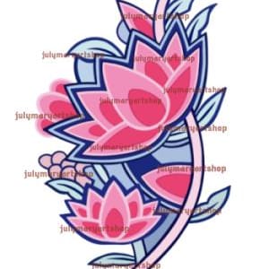 Puede incluir: Ilustración floral estilizada con flores de loto rosas y detalles azules y verdes. El diseño presenta múltiples flores y hojas, sobre un fondo blanco. El texto "julymargaretshop" está en marca de agua en la imagen.