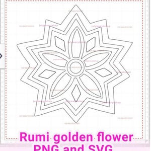 Puede incluir: Un dibujo lineal en blanco y negro de una flor estilizada con múltiples capas y formas geométricas. El texto "Rumi golden flower PNG and SVG" se muestra en rosa en la parte inferior de la imagen.