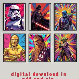 Puede incluir: Seis impresiones artísticas enmarcadas con personajes de Star Wars: un Stormtrooper, Darth Vader, The Mandalorian con Grogu, C-3PO, Chewbacca y Yoda. Cada impresión tiene un fondo vibrante y colorido. El texto "digital download in pdf and zip" está en la parte inferior.