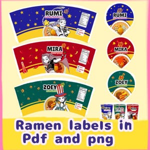 Puede incluir: Un conjunto de etiquetas de ramen en formatos PDF y PNG. Las etiquetas presentan ilustraciones de personajes de estilo anime y cuencos de ramen. Las etiquetas son de color azul, rojo y verde con los nombres Rumi, Mira y Zoey. También incluyen información nutricional.