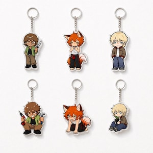 May include: Six acrylic keychains featuring illustrated chibi characters. The top row shows a person with brown hair holding a knife, a fox-eared character in a tank top, and a blonde character in a brown jacket. The bottom row shows the same characters with tools, in a crouching pose, and holding a small potted plant.