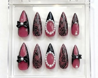 Pink Black Lace Press On Nails, Gothic Coquette Pearl Bow Manicure
