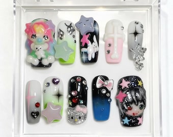 Handmade Kawaii Goth Press On Nails, 3D Character Star Cross Designs