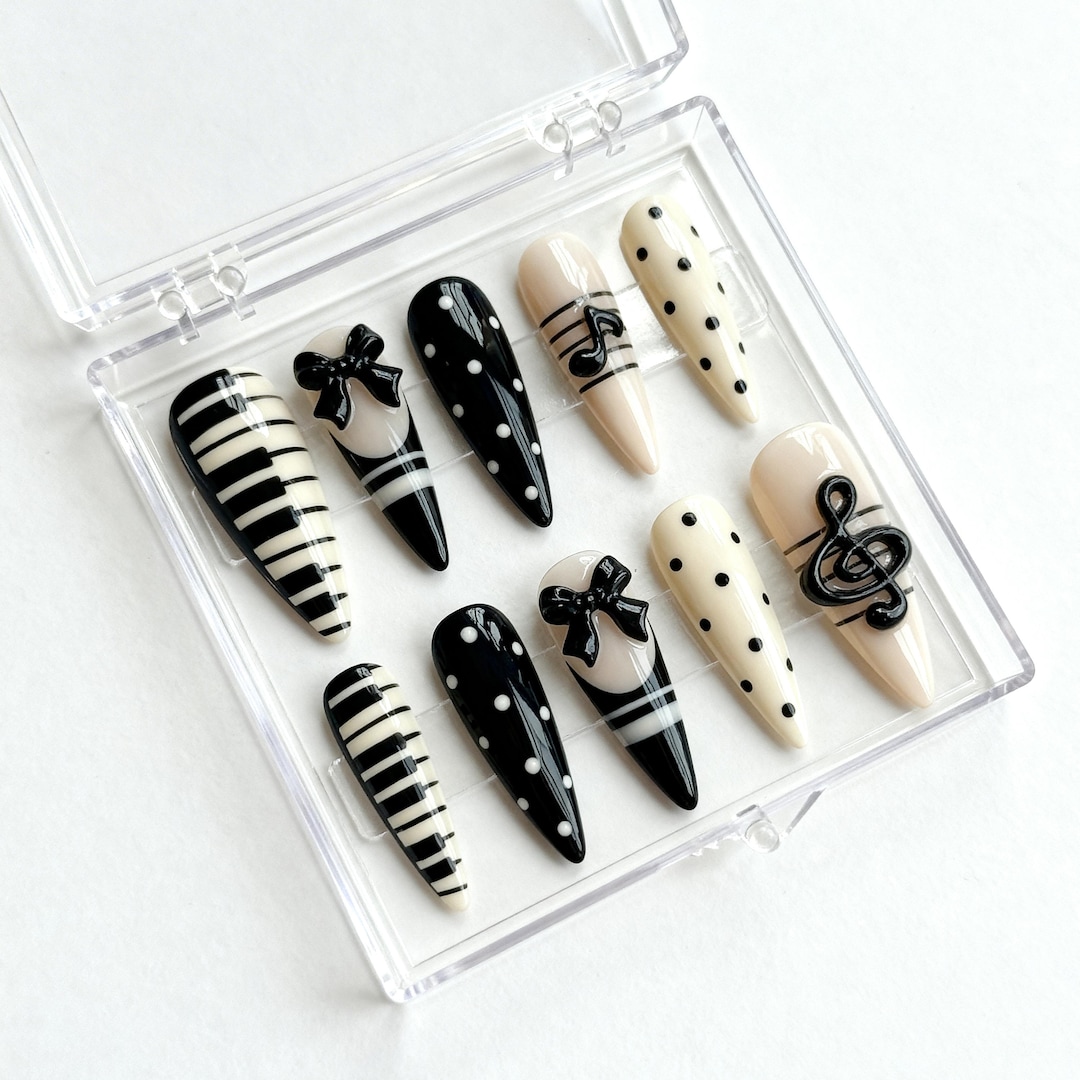 Piano Key Press on Nails, 3D Bow, Treble Clef, Polka Dot Nail Set - Etsy