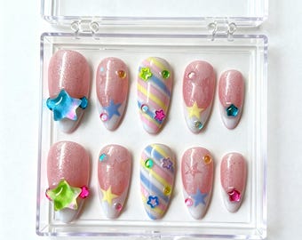 Pastel Star Press On Nails, Rainbow Y2K Nail Art