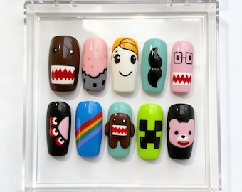 Handmade Cartoon Monster Press On Nails, Kawaii Character Nail Art Set