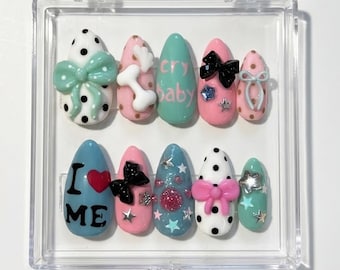 Uñas postizas emo pastel hechas a mano, set de uñas kawaii 3D