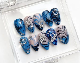 Blue Chrome Star Press On Nails, 3D Abstract Swirl Glam Set