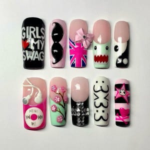 Y2K Emo Scene Press On Nails, iPod, Domo, Union Jack, Rhinestone Nail Art