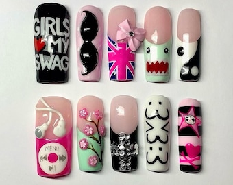 Y2K Emo Scene Press On Nails, iPod, Domo, Union Jack, Rhinestone Nail Art