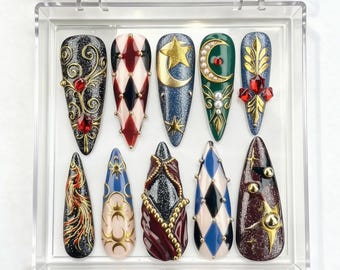 Harlequin Gothic Press On Nails, Gold Moon Star Set, Red Gem Accents