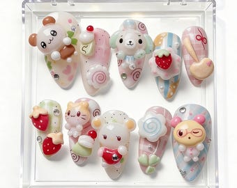 3D Kawaii Animal Dessert Press On Nails, Pastel Strawberry Candy Art, Chunky Almond Set