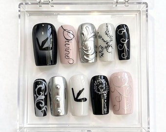 Uñas postizas góticas, diseño de uñas 3D en negro y plata, juego de uñas largas hechas a mano
