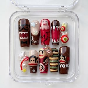 Handmade 3D Cartoon Monster Dessert Press On Nails, Playful Character Brown Red Nail Set