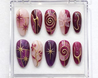 Cat Eye Stained Glass Press On Nails, Pink Purple Star Floral Nail Set, Gold Chrome Swirl Design 3D Gel Aesthetic Handmade Nails Gift