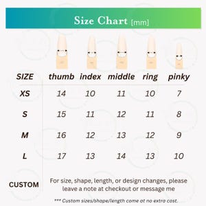 Puede incluir: Una tabla de tallas para u&ntilde;as, con medidas en mil&iacute;metros. La tabla incluye las tallas XS, S, M y L, con las medidas correspondientes para el pulgar, el &iacute;ndice, el medio, el anillo y el me&ntilde;ique. Tallas personalizadas disponibles.