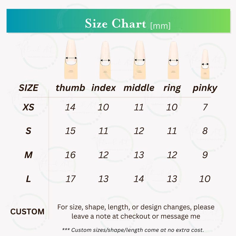 Puede incluir: Una tabla de tallas para u&ntilde;as, con medidas en mil&iacute;metros. La tabla incluye las tallas XS, S, M y L, con las medidas correspondientes para el pulgar, el &iacute;ndice, el medio, el anillo y el me&ntilde;ique. Tallas personalizadas disponibles.