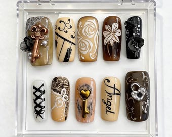 Vintage Gothic Key & Lock Press On Nails, Lace Corset Nail Art