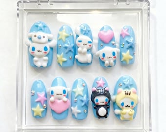Handmade Kawaii Puppy Bunny Press On Nails, Pastel Blue 3D Cartoon Stars Hearts