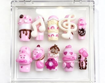 Handmade 3D Kawaii Dessert Press On Nails, Pink Candy Chocolate Drip Gel Set