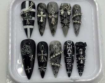Gothic Cross Press On Nails, Black Marble Stiletto Goth Manicure, Edgy Y2K Punk Rock