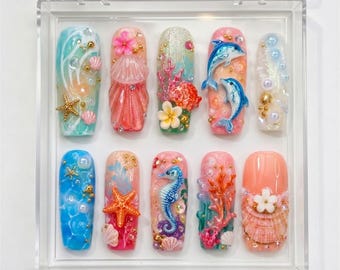 Sommer Ocean Drücken Sie auf die Nägel | Delfin Seepferdchen Strand Nägel | 3D Mermaid Coral Urlaub Nailart Set