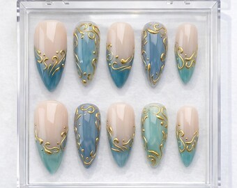Blue Cat Eye Ombre Press On Nails, Gold Swirl Stained Glass Gel Set