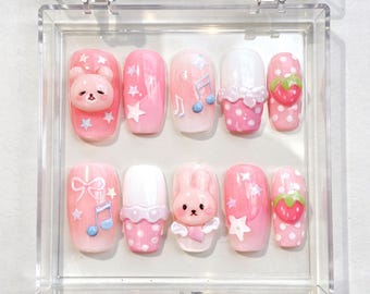 Uñas postizas de conejito kawaii, diseño de cupcake de fresa rosa, hechas a mano