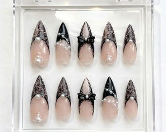 Handmade Gothic Lace French Tip Nails, Pearl Bow Coquette Manicure Set