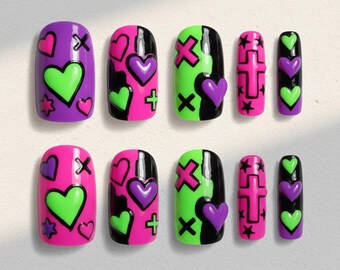 Neon Heart Press On Nails, Y2K Edgy Graphic Handmade Nail Art