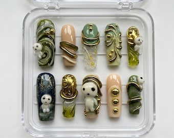 Handmade Forest Spirit Press On Nails, Kodama Inspired Set, Green Gold Sculpted 3D Nail