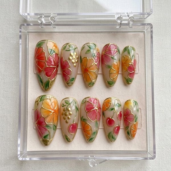 Hand Painted Floral Press On Nails, Pink Orange Bloom Gold Detail Summer Style