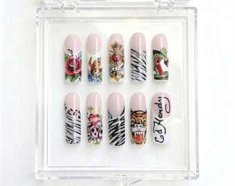 Uñas postizas con tatuajes retro, diseño de serpiente tigre gótica Y2K