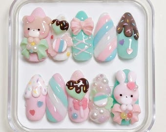 Presse sur les ongles Kawaii Candy Bear Bunny, ensemble de gouttes de chocolat dessert 3D pastel