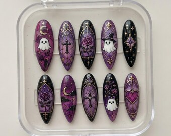 Uñas postizas góticas kawaii hechas a mano – Fantasma morado y negro, arte de vidrieras de bruja