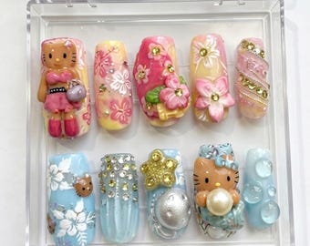 Handmade Kawaii Cat Press On Nails, 3D Pastel Floral Beach Manicure